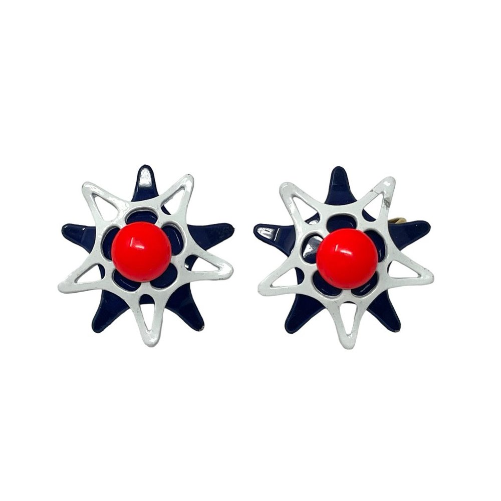 Vintage Clip On Americana USA Fourth of July Red White Blue Earrings 50s 60s
